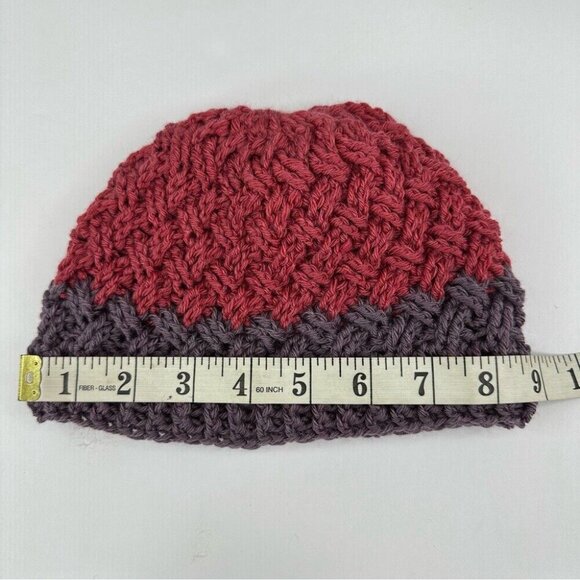 Handmade New Dark Pink Grey Merino Wool Basketweave Winter Knit Beanie Adult S/M - Picture 9 of 10